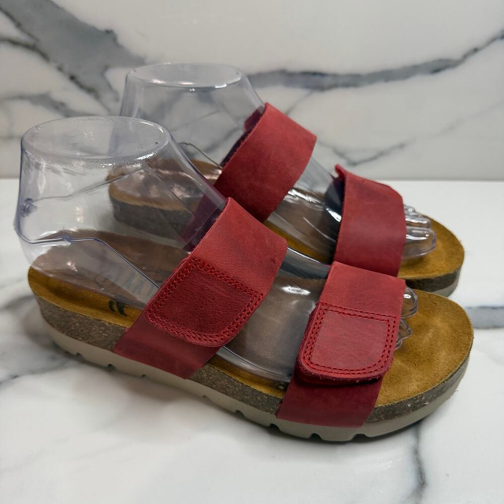 Plakton Womens Red Leather Platform Wedge Sandals Sz 38 Sz 7.5 Hook Loop Closure